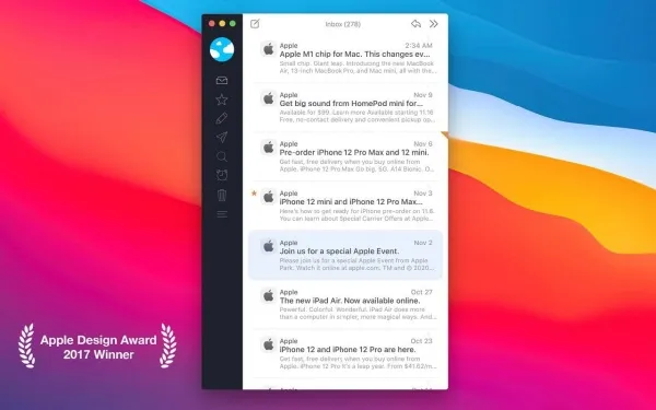 A vibrant gradient background with pink, orange, and blue hues sets the stage for a sleek, modern email interface. The email client is open to an inbox displaying various Apple-related emails about new product announcements and updates. The left sidebar features a black navigation bar with icons for different sections of the app. A laurel wreath graphic in the bottom-left corner signifies an "Apple Design Award 2017 Winner" achievement.
